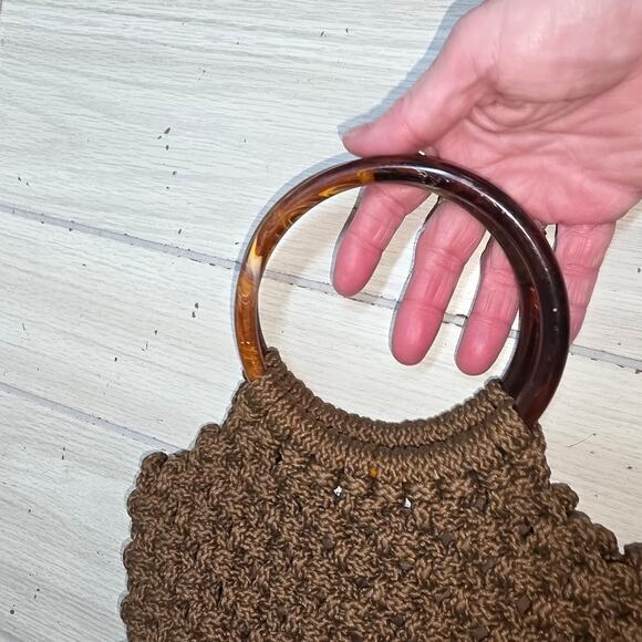 Vtg Handmade Brown Crochet Handbag Bakelite? Handle Knit/Woven Macrame Boho - Picture 5 of 8